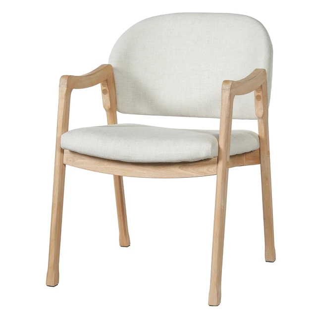 Alt view image 4 of 7 - Curved Arm Dining Chair with Slanted Tapered Rubber Wood Legs Set, Beige Fabric, Beige Natural, Fabric and Rubber Wood
