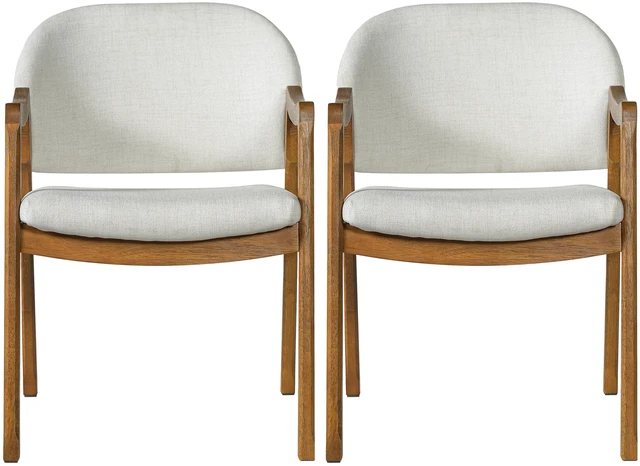 Main image of Curved Arm Dining Chair with Slanted Tapered Rubber Wood Legs Set, Beige Fabric, Beige Walnut, Fabric and Rubber Wood
