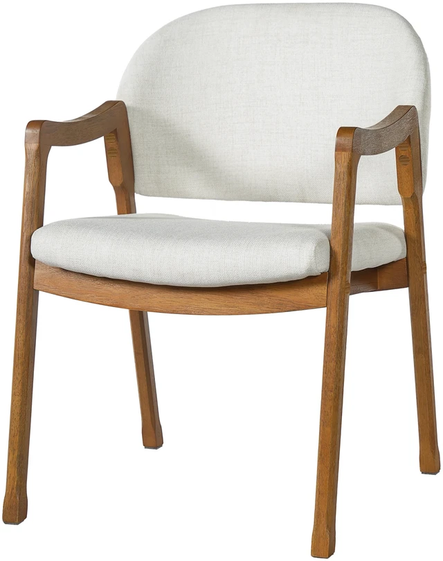 Alt view image 4 of 7 - Curved Arm Dining Chair with Slanted Tapered Rubber Wood Legs Set, Beige Fabric, Beige Walnut, Fabric and Rubber Wood