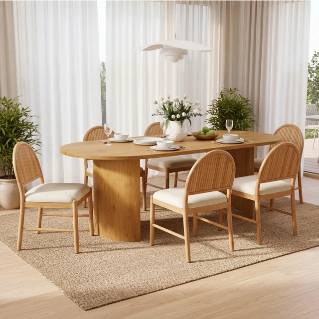 Alt view image 2 of 7 - Rubber Dining Chairs, Upholstered Kitchen Chairs with Fluted Backrest Mid Century Dining with Beige Fabric Cushion