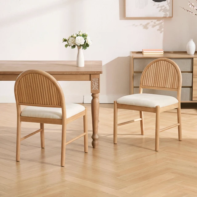 Main image of Rubber Dining Chairs, Upholstered Kitchen Chairs with Fluted Backrest Mid Century Dining with Beige Fabric Cushion