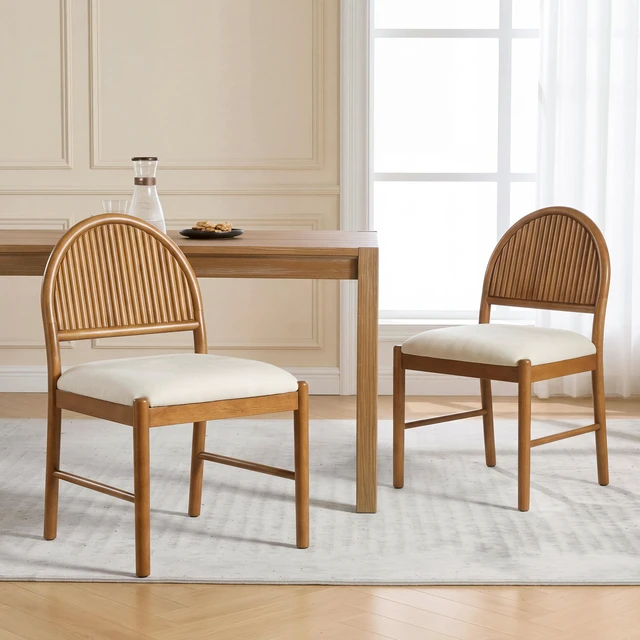Main image of Rubber Dining Chairs, Upholstered Kitchen Chairs with Fluted Backrest Mid Century Dining with Beige Fabric Cushion