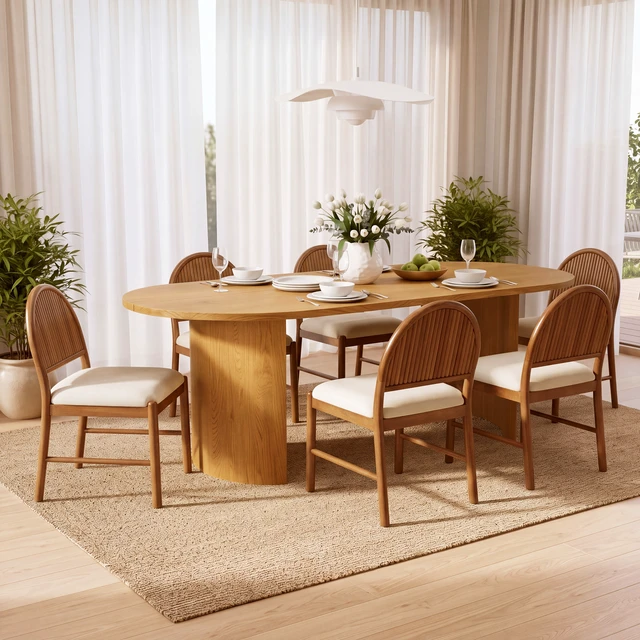 Alt view image 3 of 7 - Rubber Dining Chairs, Upholstered Kitchen Chairs with Fluted Backrest Mid Century Dining with Beige Fabric Cushion