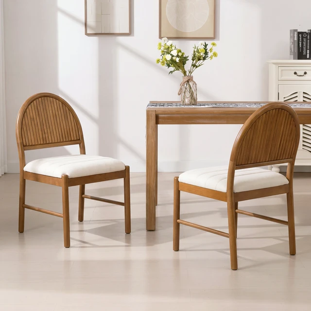Alt view image 2 of 7 - Rubber Dining Chairs, Upholstered Kitchen Chairs with Fluted Backrest Mid Century Dining with Beige Fabric Cushion