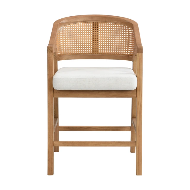 Alt view image 2 of 7 - Wooden Frame Counter Stool with Rattan Back Set, Beige Natural, Wood and Rattan, Seating for Dining