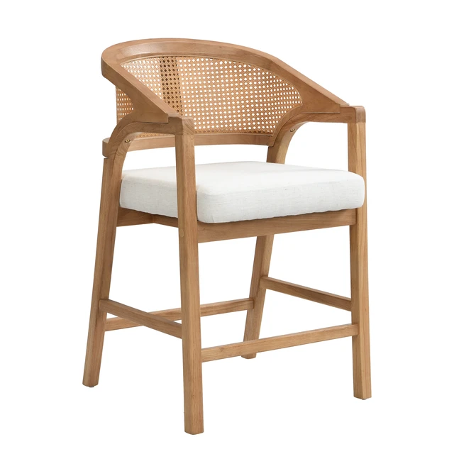 Alt view image 5 of 7 - Wooden Frame Counter Stool with Rattan Back Set, Beige Natural, Wood and Rattan, Seating for Dining