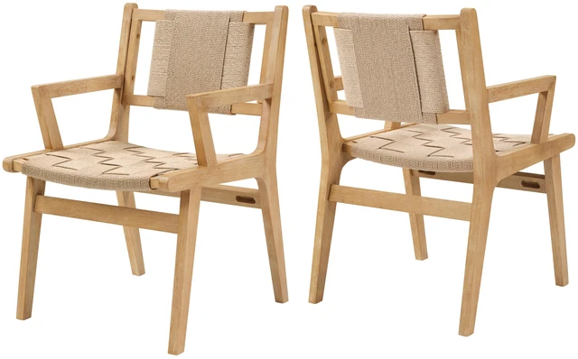 Main image of Solid Dining Arm Chair with Woven Rope Design Set, Beige Natural, Paper Rope and Rubber Wood, Seating for Dining