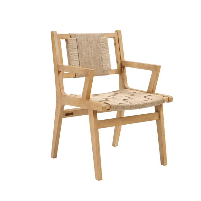 Alt view image 3 of 7 - Solid Dining Arm Chair with Woven Rope Design Set, Beige Natural, Paper Rope and Rubber Wood, Seating for Dining