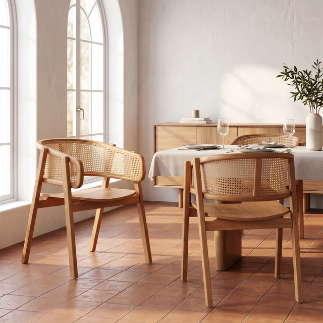 Alt view image 2 of 7 - Rattan and Rubber Dining Chairs with Armrests, Set, Natural, Rattan and Rubber Wood, Seating for Dining