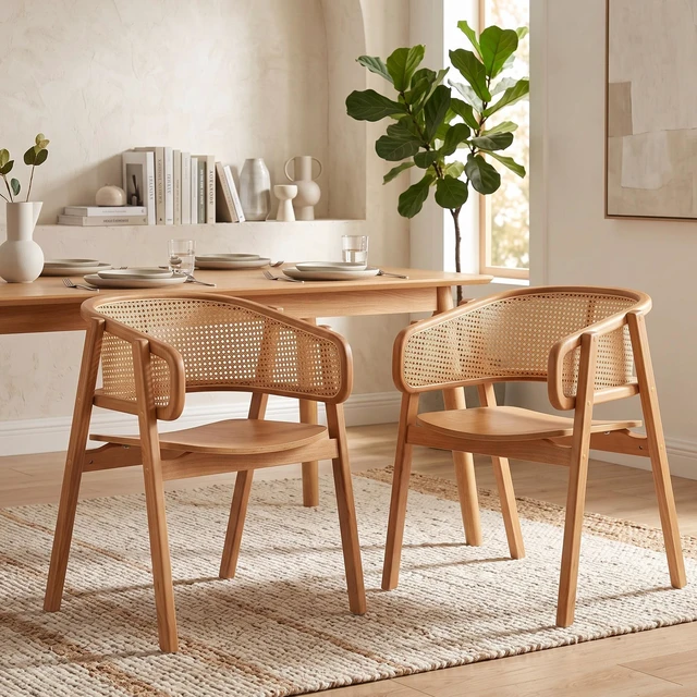 Main image of Rattan and Rubber Dining Chairs with Armrests, Set, Natural, Rattan and Rubber Wood, Seating for Dining