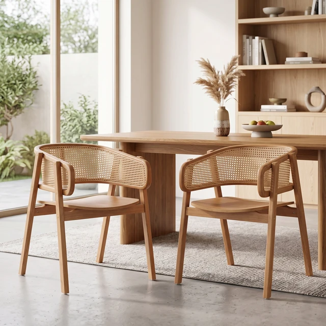 Alt view image 4 of 7 - Rattan and Rubber Dining Chairs with Armrests, Set, Natural, Rattan and Rubber Wood, Seating for Dining