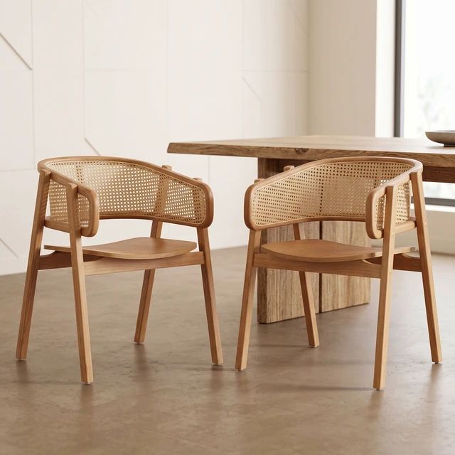 Alt view image 3 of 7 - Rattan and Rubber Dining Chairs with Armrests, Set, Natural, Rattan and Rubber Wood, Seating for Dining