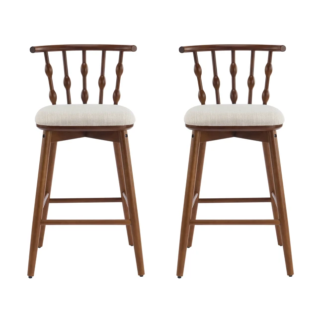 Alt view image 2 of 7 - Indoor Wooden Barstool, Walnut Finish with Upholstery Set, Beige Walnut, Fabric and Rubber Wood, Seating for Dining
