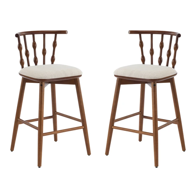 Alt view image 3 of 7 - Indoor Wooden Barstool, Walnut Finish with Upholstery Set, Beige Walnut, Fabric and Rubber Wood, Seating for Dining