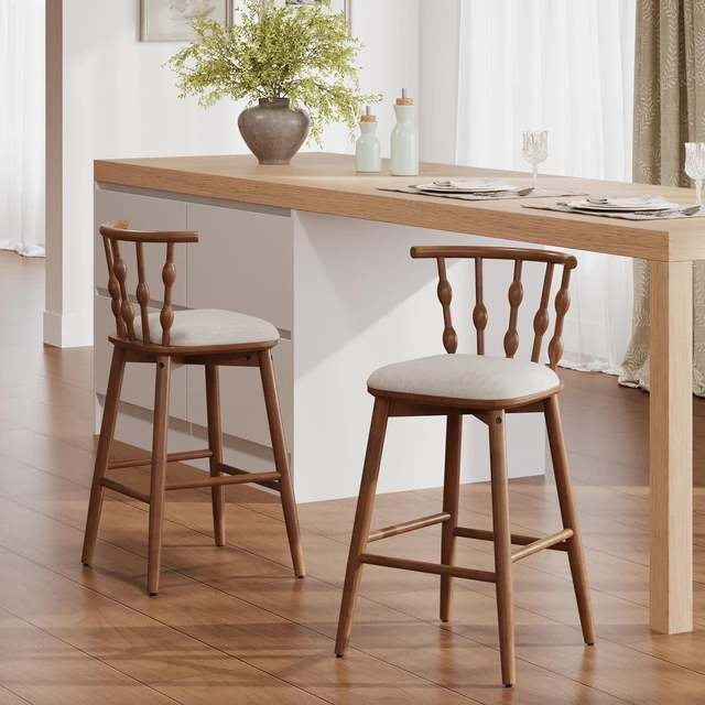 Main image of Indoor Wooden Barstool, Walnut Finish with Upholstery Set, Beige Walnut, Fabric and Rubber Wood, Seating for Dining