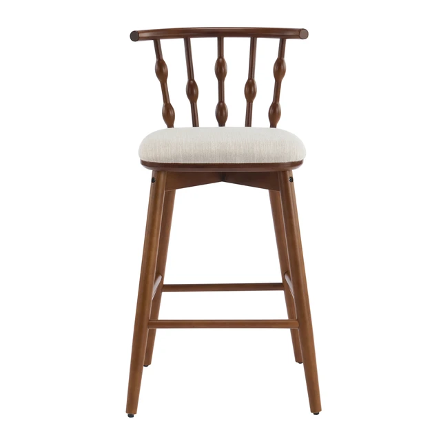 Alt view image 5 of 7 - Indoor Wooden Barstool, Walnut Finish with Upholstery Set, Beige Walnut, Fabric and Rubber Wood, Seating for Dining