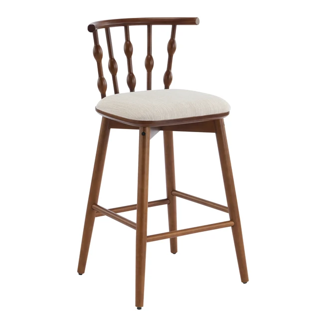 Alt view image 6 of 7 - Indoor Wooden Barstool, Walnut Finish with Upholstery Set, Beige Walnut, Fabric and Rubber Wood, Seating for Dining
