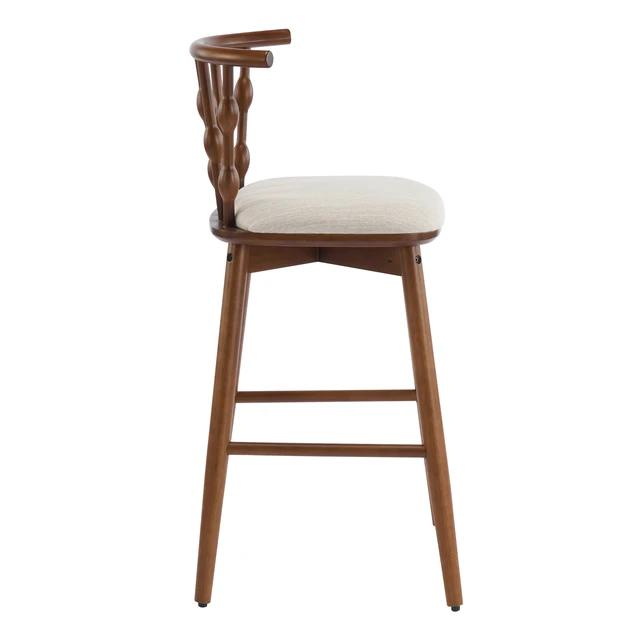Alt view image 7 of 7 - Indoor Wooden Barstool, Walnut Finish with Upholstery Set, Beige Walnut, Fabric and Rubber Wood, Seating for Dining