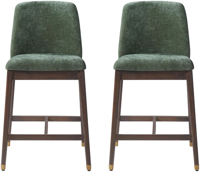 Main image of Indoor Wooden Upholstered Counter Stool, Walnut Finish with Green Cushion Set, Green Walnut, Fabric, Plywood and Rubber