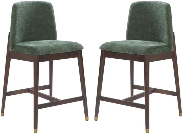 Alt view image 2 of 7 - Indoor Wooden Upholstered Counter Stool, Walnut Finish with Green Cushion Set, Green Walnut, Fabric, Plywood and Rubber