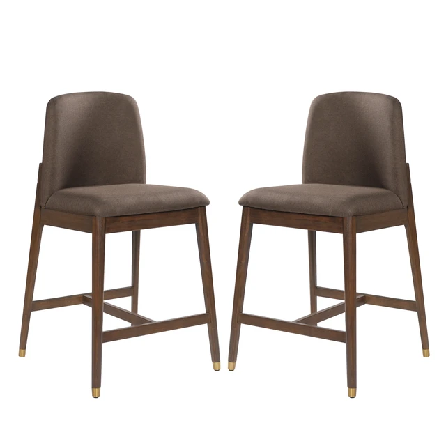 Alt view image 2 of 7 - Indoor Wooden Upholstered Counter Stool, Walnut Finish with Taupe Cushion Set, Taupe Walnut, Fabric, Plywood and Rubber