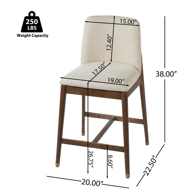 Alt view image 3 of 7 - Indoor Wooden Upholstered Counter Stool, Walnut Finish with Beige Cushion Set, Beige Walnut, Polyester and Rubber Wood