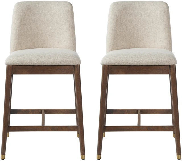 Main image of Indoor Wooden Upholstered Counter Stool, Walnut Finish with Beige Cushion Set, Beige Walnut, Polyester and Rubber Wood