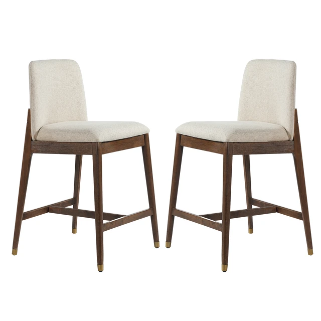 Alt view image 2 of 7 - Indoor Wooden Upholstered Counter Stool, Walnut Finish with Beige Cushion Set, Beige Walnut, Polyester and Rubber Wood