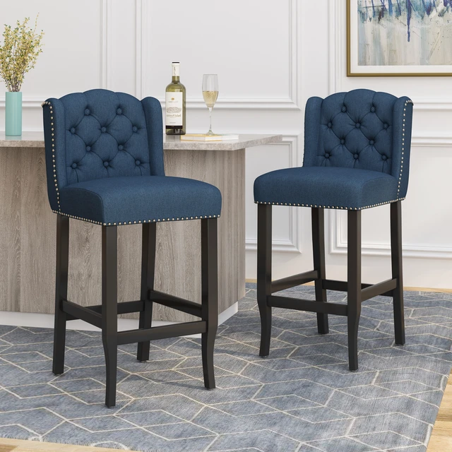 Alt view image 2 of 7 - Vienna Fabric Tufted Wingback 31 Inch Counter Stools, Set, Navy Blue, Seating for Dining