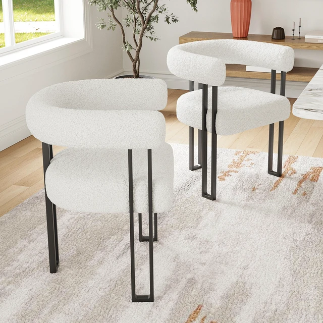 Main image of Set Upholstered Dining Arm Chairs, Bouclé Fabric Accent Chairs with Metal Frame Armchairs with Cushioned Seat and Back