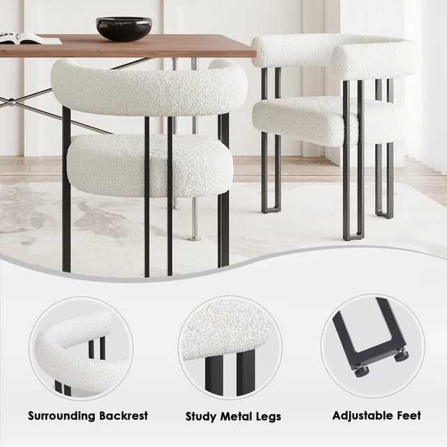 Alt view image 4 of 7 - Set Upholstered Dining Arm Chairs, Bouclé Fabric Accent Chairs with Metal Frame Armchairs with Cushioned Seat and Back