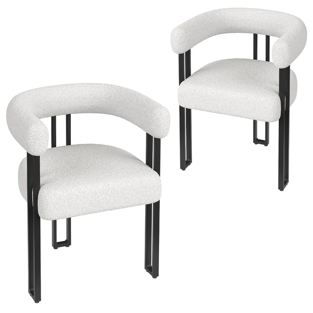 Alt view image 2 of 7 - Set Upholstered Dining Arm Chairs, Bouclé Fabric Accent Chairs with Metal Frame Armchairs with Cushioned Seat and Back