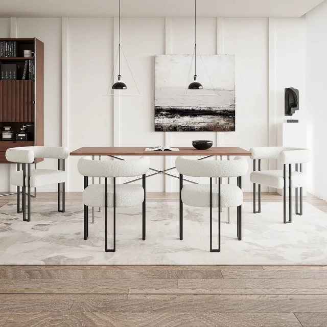 Alt view image 3 of 7 - Set Upholstered Dining Arm Chairs, Bouclé Fabric Accent Chairs with Metal Frame Armchairs with Cushioned Seat and Back