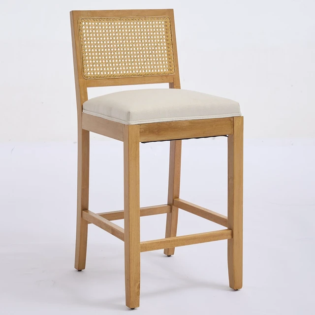 Alt view image 3 of 7 - Full Solid Rattan Back Bar Stool, Linen Cushion with High Resilience Foam and Springs for Kitchen Island Low Bar
