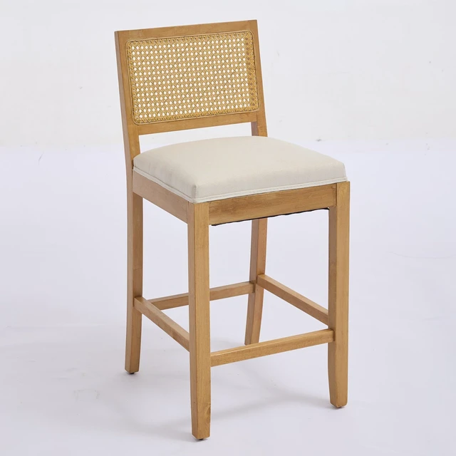 Alt view image 4 of 7 - Full Solid Rattan Back Bar Stool, Linen Cushion with High Resilience Foam and Springs for Kitchen Island Low Bar