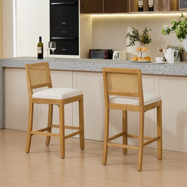 Main image of Full Solid Rattan Back Bar Stool, Linen Cushion with High Resilience Foam and Springs for Kitchen Island Low Bar