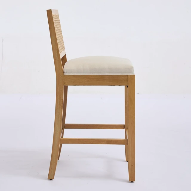 Alt view image 5 of 7 - Full Solid Rattan Back Bar Stool, Linen Cushion with High Resilience Foam and Springs for Kitchen Island Low Bar
