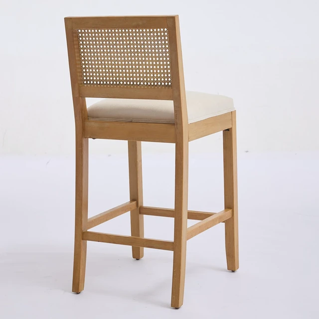 Alt view image 6 of 7 - Full Solid Rattan Back Bar Stool, Linen Cushion with High Resilience Foam and Springs for Kitchen Island Low Bar