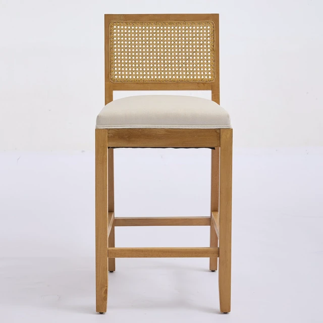 Alt view image 2 of 7 - Full Solid Rattan Back Bar Stool, Linen Cushion with High Resilience Foam and Springs for Kitchen Island Low Bar