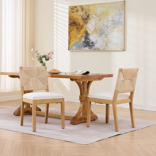 Main image of Mid-Century Rope Rattan Dining Chairs Set, Wooden Dining Chair with Cane Backrest and Padded Seat Linen Upholstered