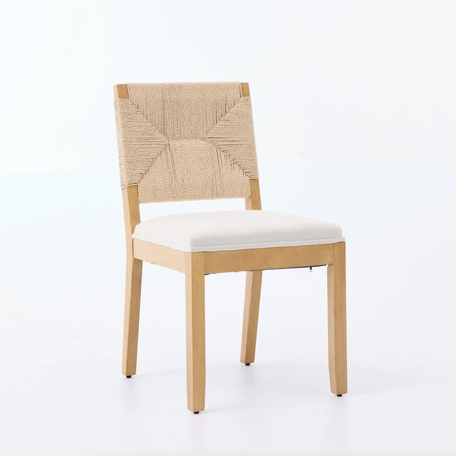 Alt view image 3 of 7 - Mid-Century Rope Rattan Dining Chairs Set, Wooden Dining Chair with Cane Backrest and Padded Seat Linen Upholstered