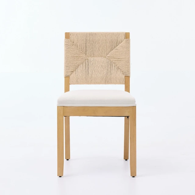 Alt view image 2 of 7 - Mid-Century Rope Rattan Dining Chairs Set, Wooden Dining Chair with Cane Backrest and Padded Seat Linen Upholstered