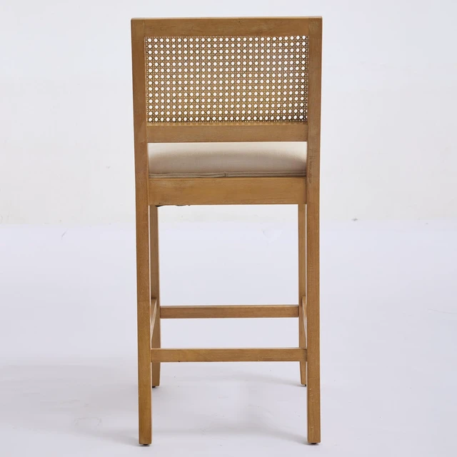 Alt view image 7 of 7 - Full Solid Rattan Back Bar Stool, Linen Cushion with High Resilience Foam and Springs for Kitchen Island Low Bar
