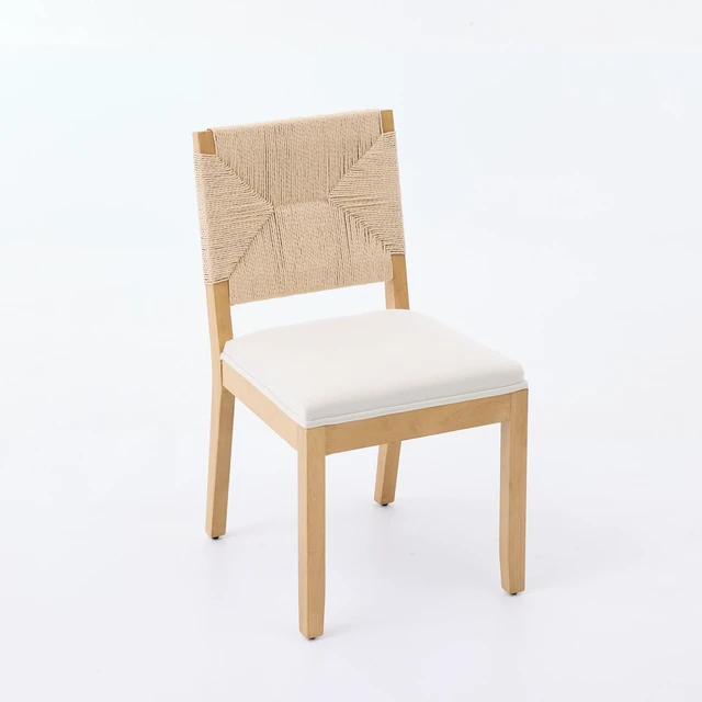 Alt view image 4 of 7 - Mid-Century Rope Rattan Dining Chairs Set, Wooden Dining Chair with Cane Backrest and Padded Seat Linen Upholstered