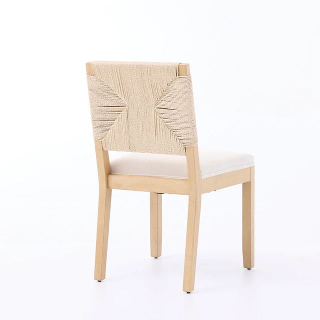 Alt view image 6 of 7 - Mid-Century Rope Rattan Dining Chairs Set, Wooden Dining Chair with Cane Backrest and Padded Seat Linen Upholstered