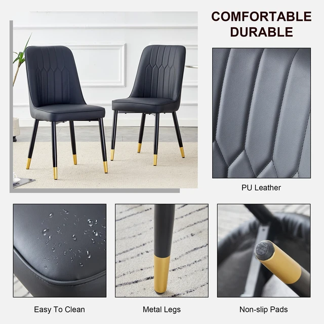 Alt view image 6 of 7 - Dining Chairs and Living Chairs Material and Metal Legs, Suitable for Kitchen Living and Dining 2 Piece Set, Black, PU
