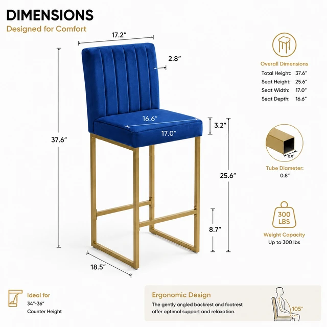 Alt view image 3 of 7 - 25.6 Inch Counter Height Bar Stools Set with Velvet Cushion and Back Bar Chairs for Kitchen Island Counter with Metal