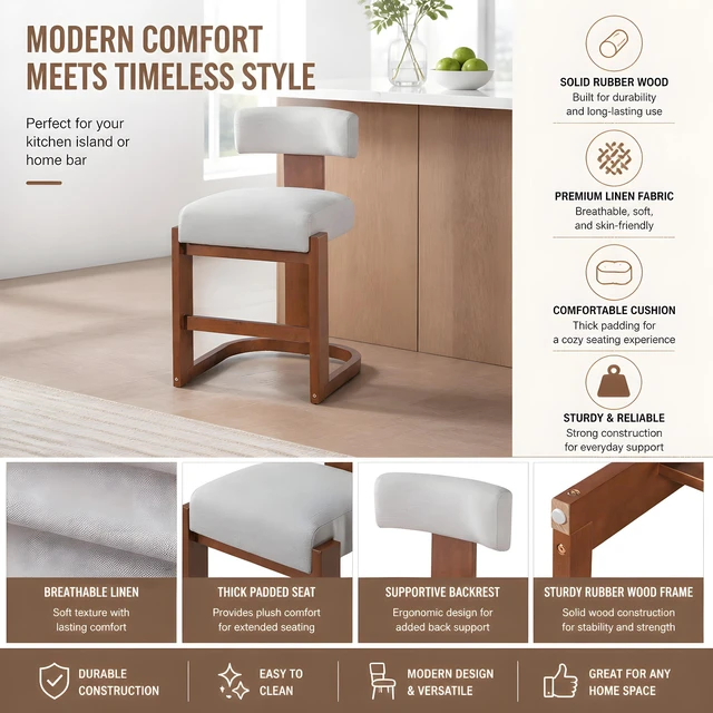 Alt view image 4 of 7 - Pack Counter Height Bar Stools, Rubber Wood Frame Barstools with Linen Fabric Upholstered Seat and Backrest Wood Finish