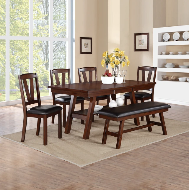 Alt view image 5 of 5 - Faux Leather Dining Bench, Walnut, Rubber Wood, Seating for Dining