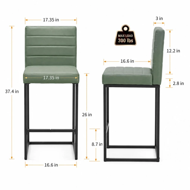 Alt view image 4 of 7 - 25.6 Inch Counter Height Bar Stools Set with Cushion and Back Bar Chairs for Kitchen Island Counter with Metal Leg